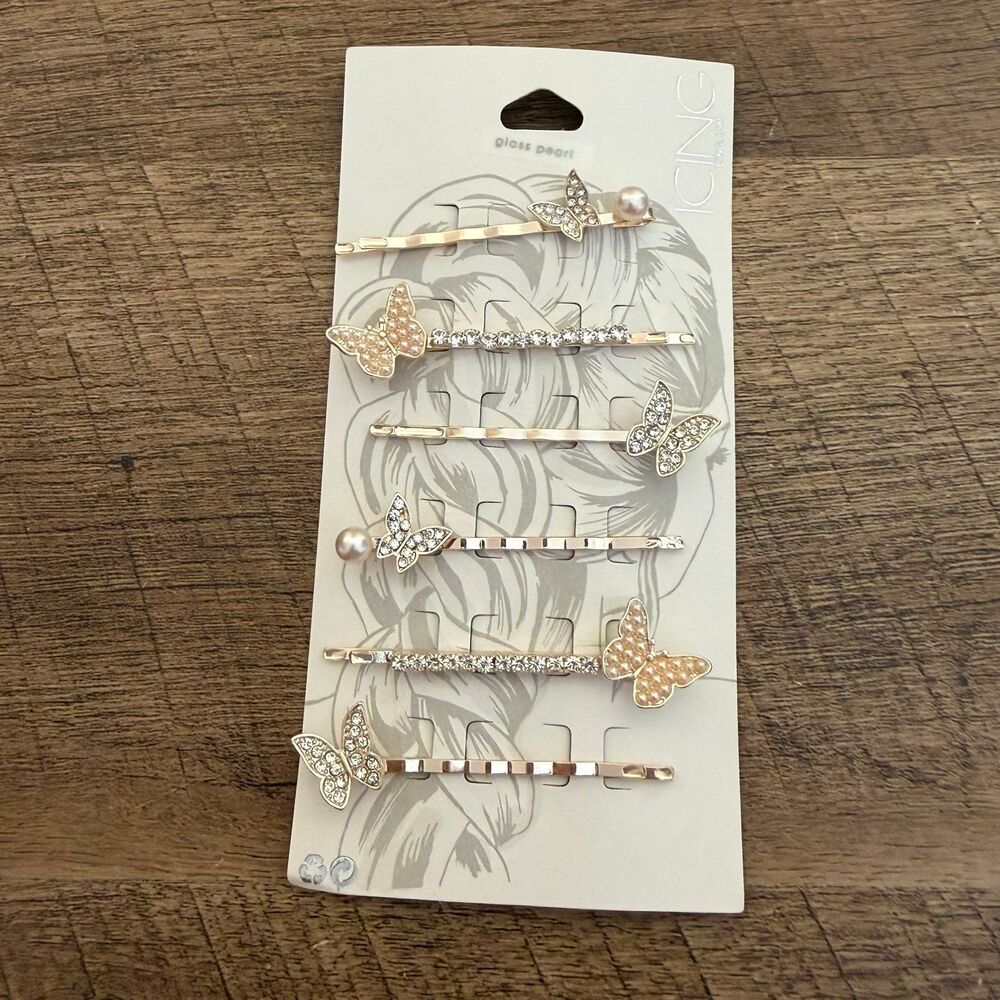 Icing gold-tone hair clip set featuring rhinestones, faux pearls, and butterfly